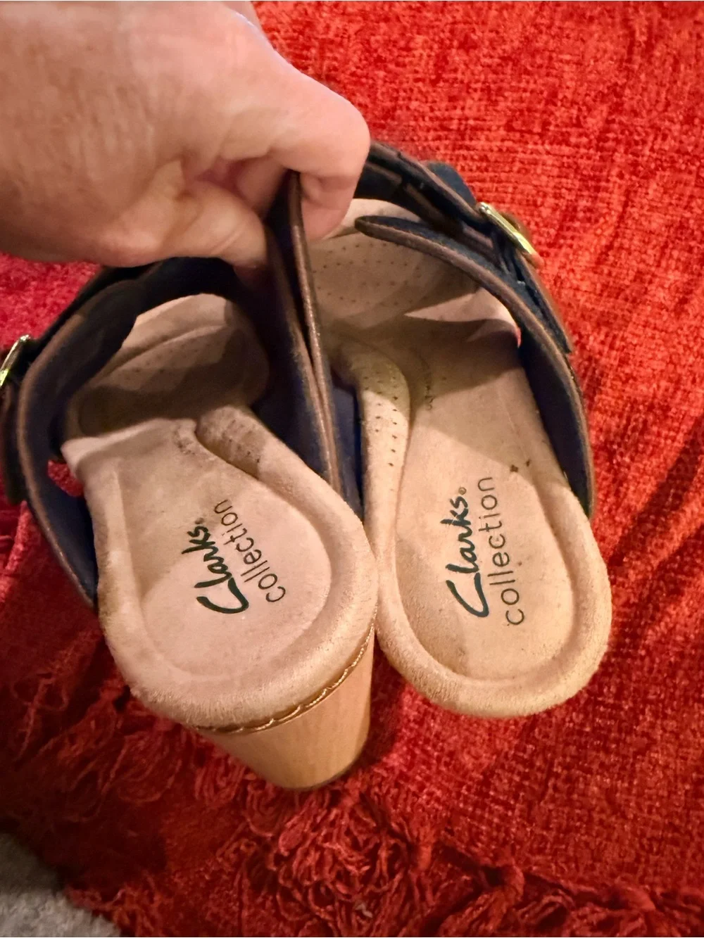 Clarks Denim Crossover Wedge Sandals with Tan Accents